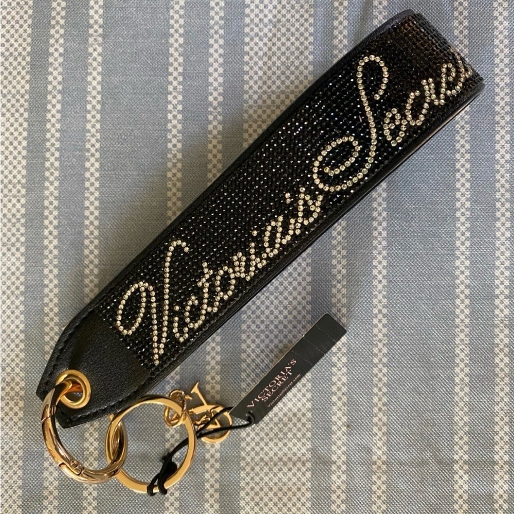 VICTORIA'S SECRET Black Wristlet Keychain with Bling Rhinestones & Sparkle - NEW